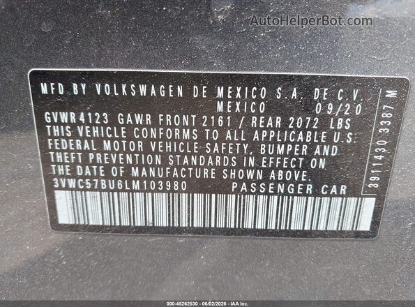 3VWC57BU6LM103980 2020 VOLKSWAGEN JETTA Gray ძრავის განყოფილების ხედი