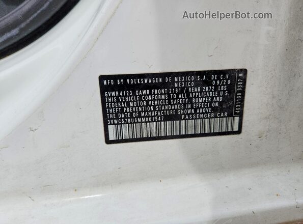 3VWC57BU6MM001547 2021 VOLKSWAGEN JETTA White ძრავის განყოფილების ხედი