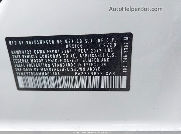 3VWC57BU6MM001886 2021 VOLKSWAGEN JETTA White Вид підкапотного простору