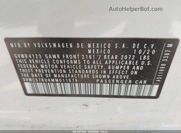 3VWC57BU6MM011575 2021 VOLKSWAGEN JETTA Белый Вид подкапотного пространства