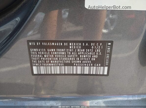 3VWC57BU6MM037805 2021 VOLKSWAGEN JETTA Gray Вид підкапотного простору