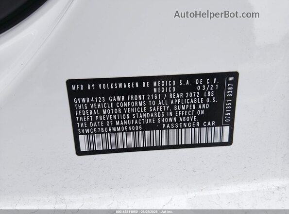 3VWC57BU6MM054006 2021 VOLKSWAGEN JETTA White Вид підкапотного простору