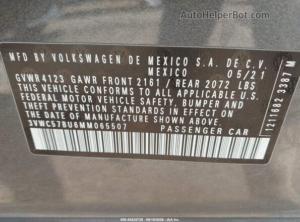 3VWC57BU6MM065507 2021 VOLKSWAGEN JETTA Gray Widok komory silnika