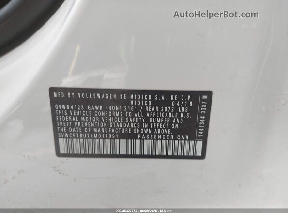 3VWC57BU7KM017091 2019 VOLKSWAGEN JETTA White Շարժիչի բաժամունքի տեսք