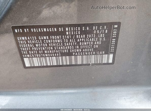 3VWC57BU7KM046493 2019 VOLKSWAGEN JETTA Gray ძრავის განყოფილების ხედი