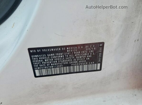 3VWC57BU7KM113089 2019 VOLKSWAGEN JETTA White 