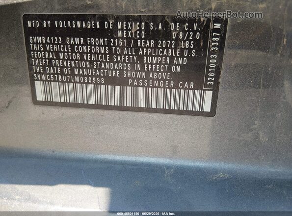 3VWC57BU7LM080998 2020 VOLKSWAGEN JETTA Gray Vista del compartimento del motor