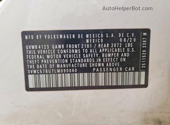 3VWC57BU7LM090060 2020 VOLKSWAGEN JETTA Белый 