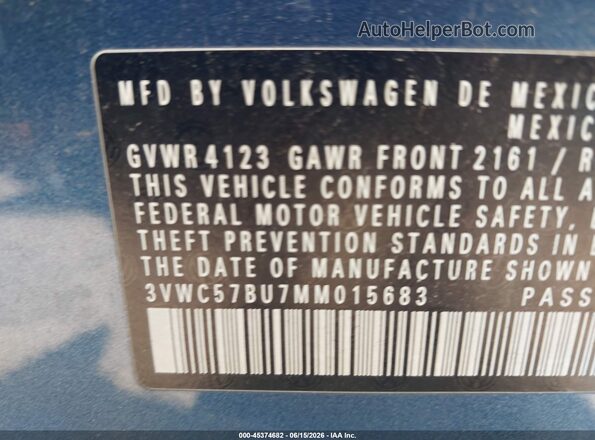 3VWC57BU7MM015683 2021 VOLKSWAGEN JETTA Blue Вид підкапотного простору