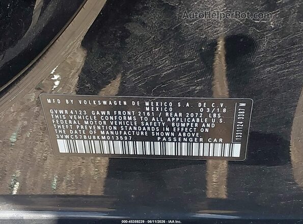 3VWC57BU8KM013597 2019 VOLKSWAGEN JETTA Black Շարժիչի բաժամունքի տեսք