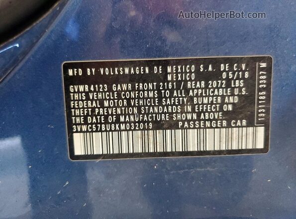 3VWC57BU8KM032019 2019 VOLKSWAGEN JETTA Blue Engine compartment view