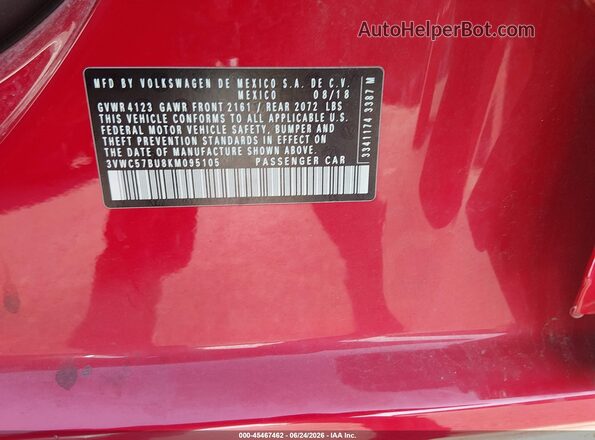 3VWC57BU8KM095105 2019 VOLKSWAGEN JETTA Red Widok naklejki z numerem VIN