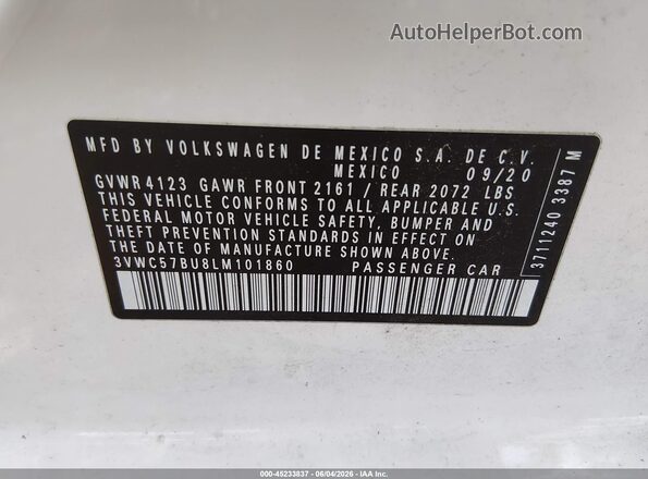 3VWC57BU8LM101860 2020 VOLKSWAGEN JETTA White Engine compartment view