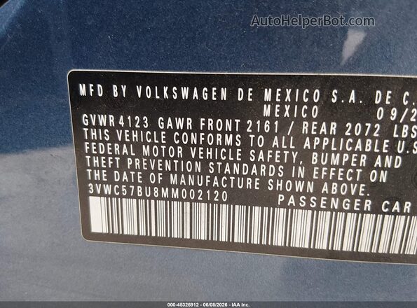 3VWC57BU8MM002120 2021 VOLKSWAGEN JETTA Blue 