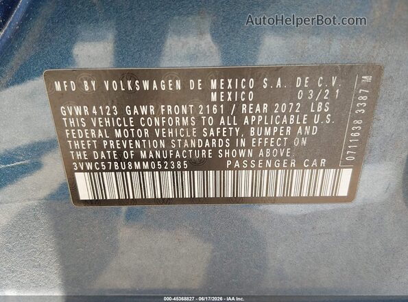 3VWC57BU8MM052385 2021 VOLKSWAGEN JETTA Blue Widok komory silnika