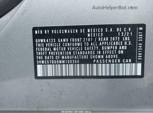 3VWC57BU8MM100354 2021 VOLKSWAGEN JETTA Gray Вид підкапотного простору