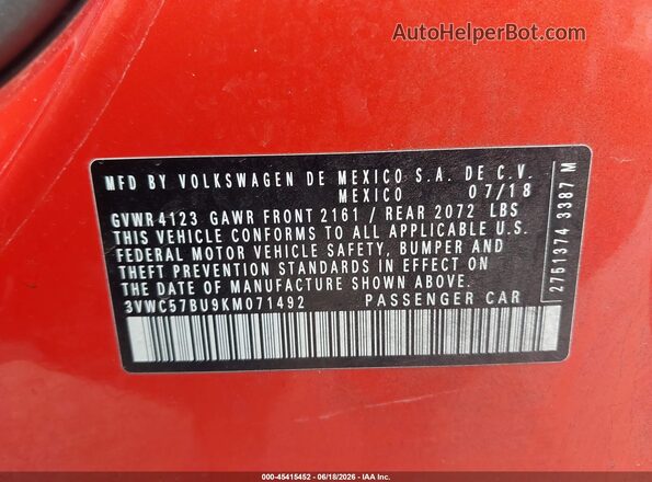 3VWC57BU9KM071492 2019 VOLKSWAGEN JETTA Orange Engine compartment view