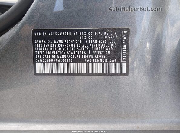 3VWC57BU9KM200413 2019 VOLKSWAGEN JETTA Gray Vista del compartimento del motor