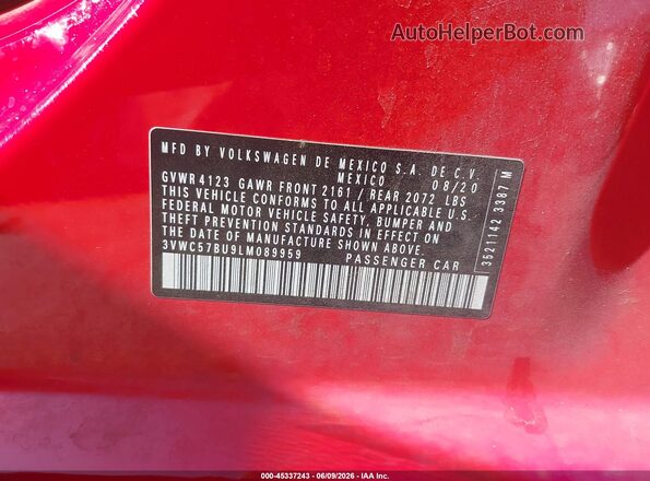3VWC57BU9LM089959 2020 VOLKSWAGEN JETTA Красный Вид подкапотного пространства