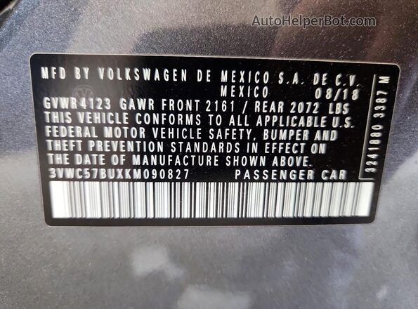 3VWC57BUXKM090827 2019 VOLKSWAGEN JETTA Gray Вид підкапотного простору