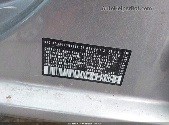 3VWC57BUXLM078193 2020 VOLKSWAGEN JETTA Gray Շարժիչի բաժամունքի տեսք