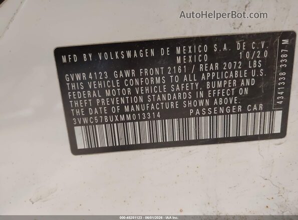 3VWC57BUXMM013314 2021 VOLKSWAGEN JETTA White ძრავის განყოფილების ხედი