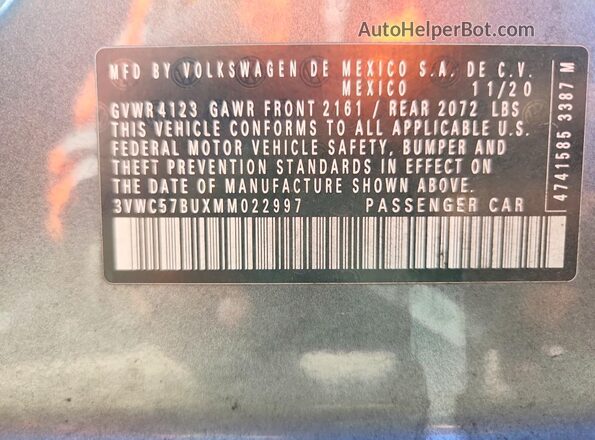 3VWC57BUXMM022997 2021 VOLKSWAGEN JETTA Charcoal 