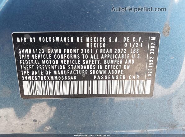 3VWC57BUXMM036348 2021 VOLKSWAGEN JETTA Blue Շարժիչի բաժամունքի տեսք