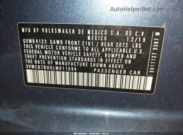 3VWCB7BU0LM011594 2020 VOLKSWAGEN JETTA Blue ძრავის განყოფილების ხედი