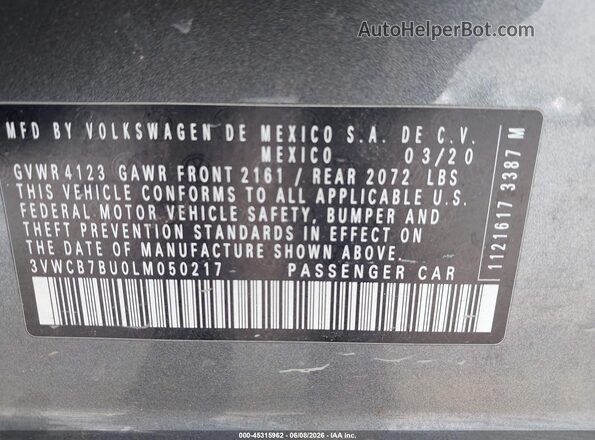 3VWCB7BU0LM050217 2020 VOLKSWAGEN JETTA Серый Вид подкапотного пространства