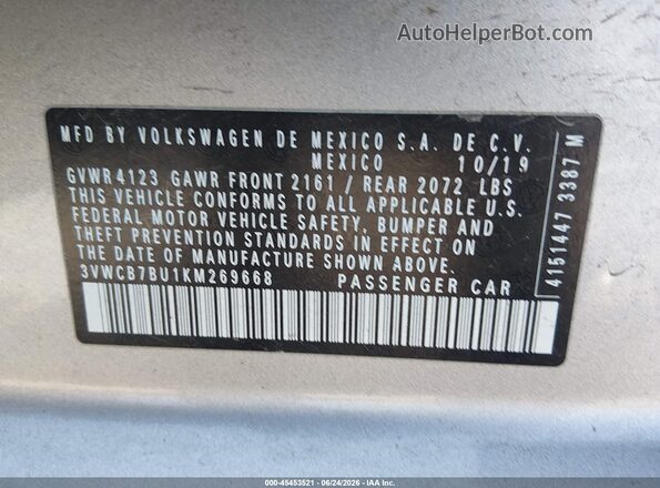 3VWCB7BU1KM269668 2019 VOLKSWAGEN JETTA Silver Вид підкапотного простору