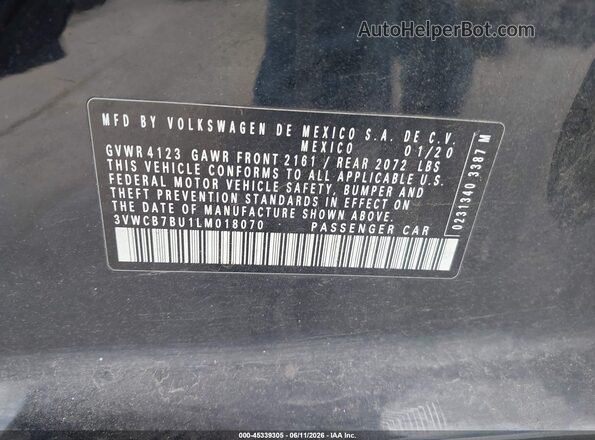 3VWCB7BU1LM018070 2020 VOLKSWAGEN JETTA Black Շարժիչի բաժամունքի տեսք
