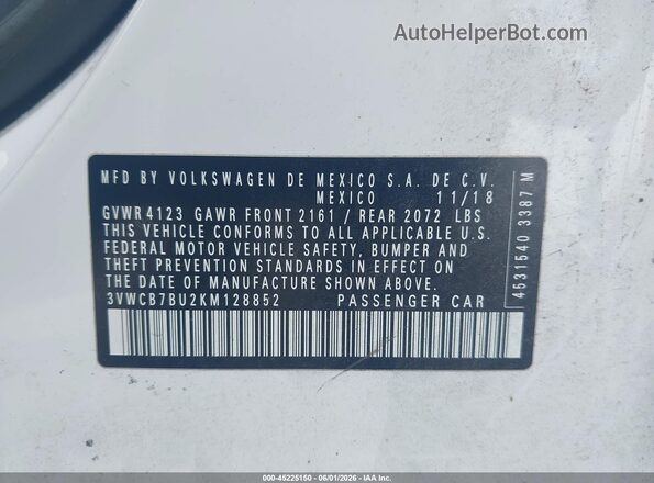 3VWCB7BU2KM128852 2019 VOLKSWAGEN JETTA White Շարժիչի բաժամունքի տեսք