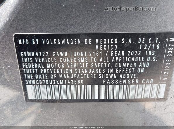 3VWCB7BU2KM143660 2019 VOLKSWAGEN JETTA Gray Շարժիչի բաժամունքի տեսք