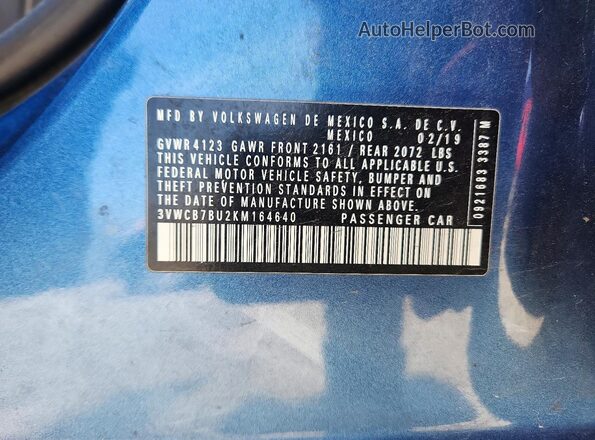 3VWCB7BU2KM164640 2019 VOLKSWAGEN JETTA Blue Շարժիչի բաժամունքի տեսք