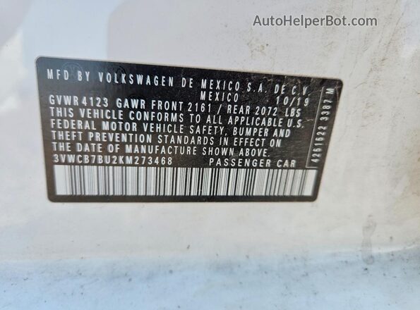 3VWCB7BU2KM273468 2019 VOLKSWAGEN JETTA White Вид підкапотного простору