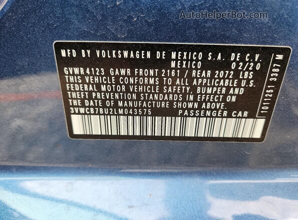 3VWCB7BU2LM043575 2020 VOLKSWAGEN JETTA Blue Շարժիչի բաժամունքի տեսք