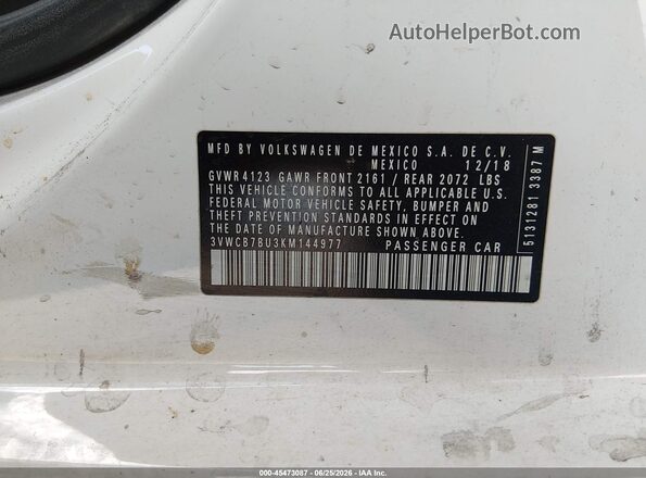 3VWCB7BU3KM144977 2019 VOLKSWAGEN JETTA White ძრავის განყოფილების ხედი