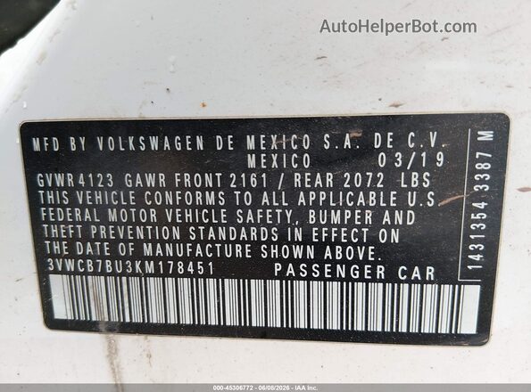 3VWCB7BU3KM178451 2019 VOLKSWAGEN JETTA White Engine compartment view