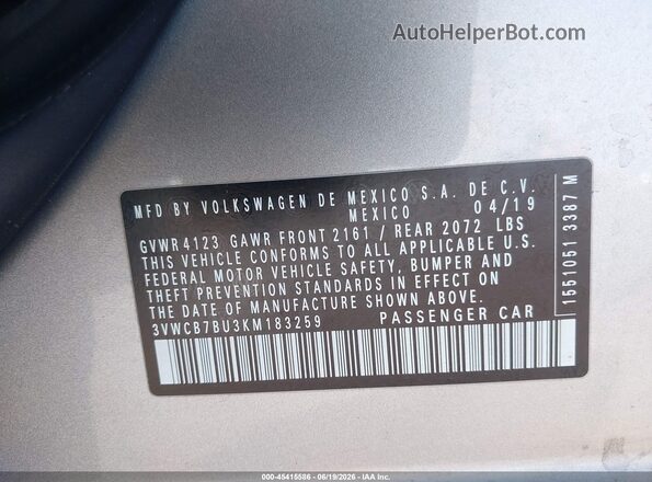 3VWCB7BU3KM183259 2019 VOLKSWAGEN JETTA Silver Вид підкапотного простору
