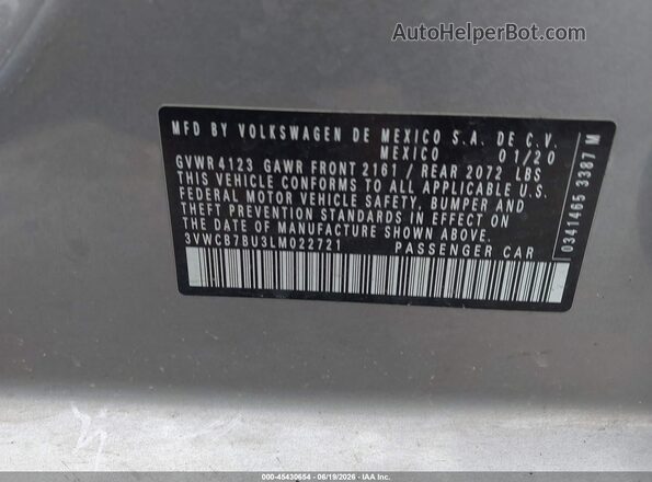 3VWCB7BU3LM022721 2020 VOLKSWAGEN JETTA Silver Вид підкапотного простору