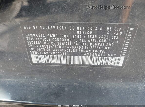 3VWCB7BU3LM022931 2020 VOLKSWAGEN JETTA Black Вид підкапотного простору