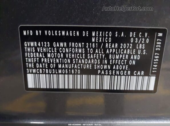 3VWCB7BU3LM051670 2020 VOLKSWAGEN JETTA Gray ძრავის განყოფილების ხედი