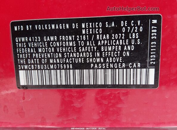 3VWCB7BU3LM075998 2020 VOLKSWAGEN JETTA Red Вид підкапотного простору