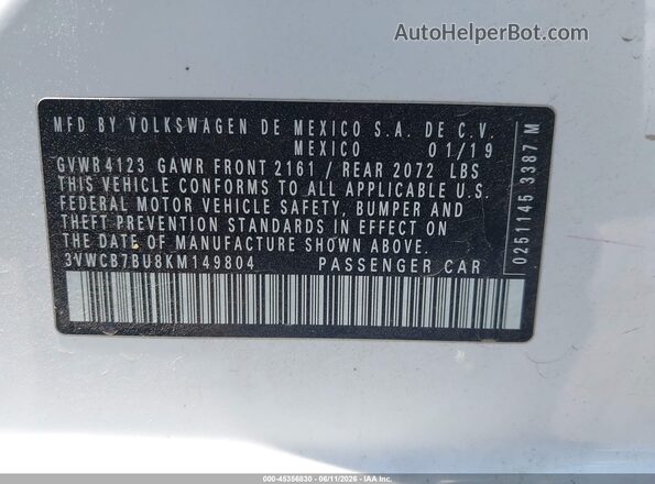 3VWCB7BU8KM149804 2019 VOLKSWAGEN JETTA White ძრავის განყოფილების ხედი