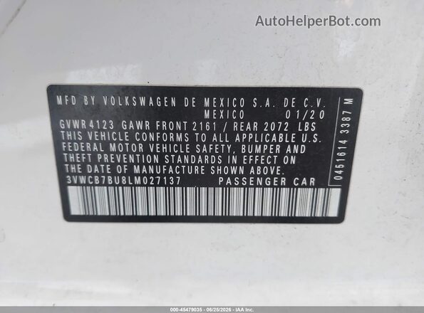 3VWCB7BU8LM027137 2020 VOLKSWAGEN JETTA White Вид підкапотного простору