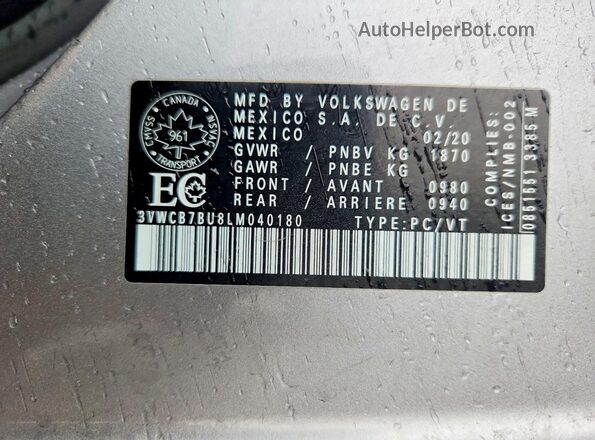 3VWCB7BU8LM040180 2020 VOLKSWAGEN JETTA Gray 