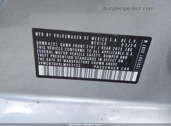 3VWCB7BU9LM053133 2020 VOLKSWAGEN JETTA Silver ძრავის განყოფილების ხედი