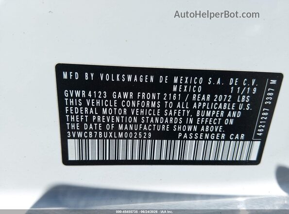 3VWCB7BUXLM002529 2020 VOLKSWAGEN JETTA White Շարժիչի բաժամունքի տեսք