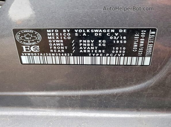 3VWD07AJ3GM354827 2016 VOLKSWAGEN JETTA Gray Widok komory silnika
